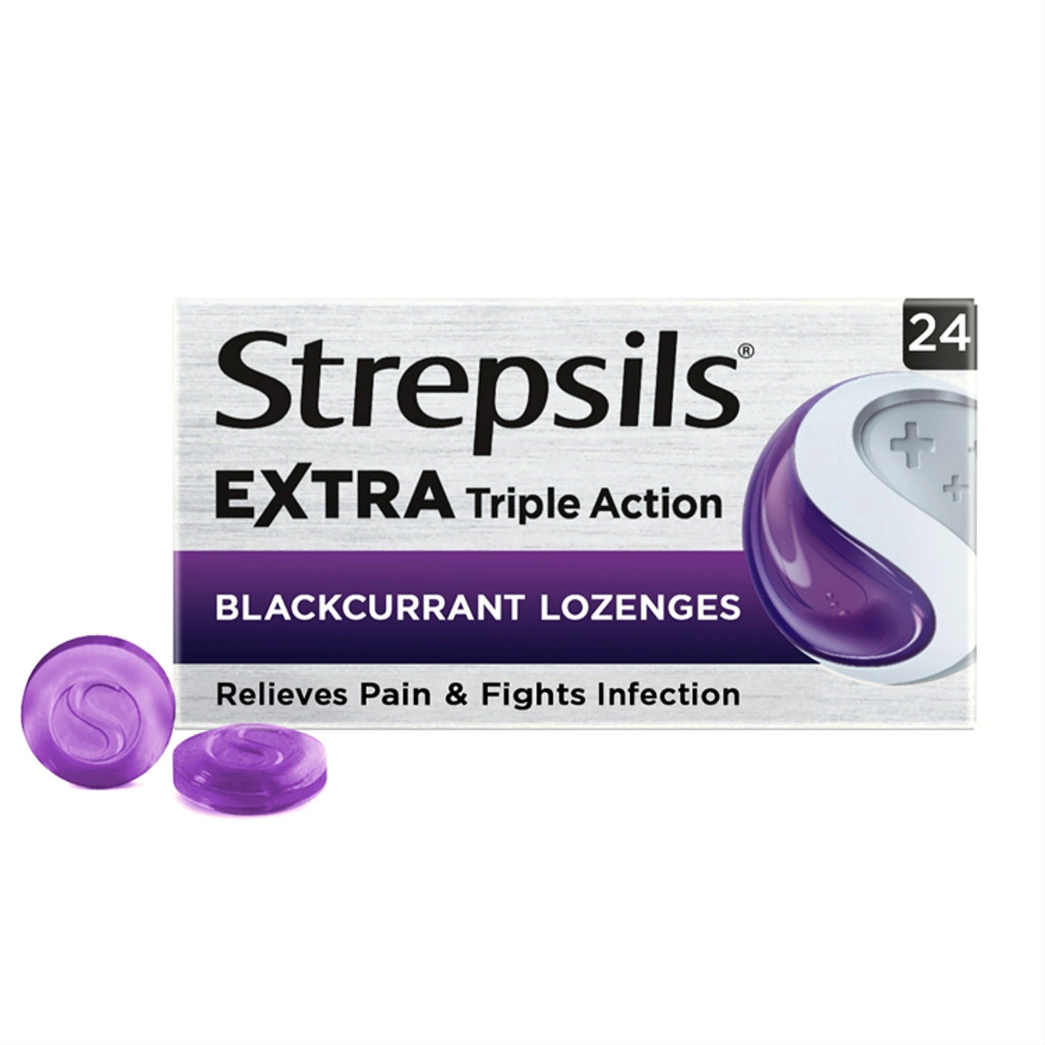Strepsils Extra Triple Action Blackcurrant Lozenges 24, imported from the UK
