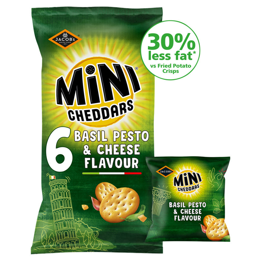 Jacob's Mini Cheddars 30% Less Fat Basil Pesto & Cheese Baked Snacks Multipack 6x17g GOODS ASDA   