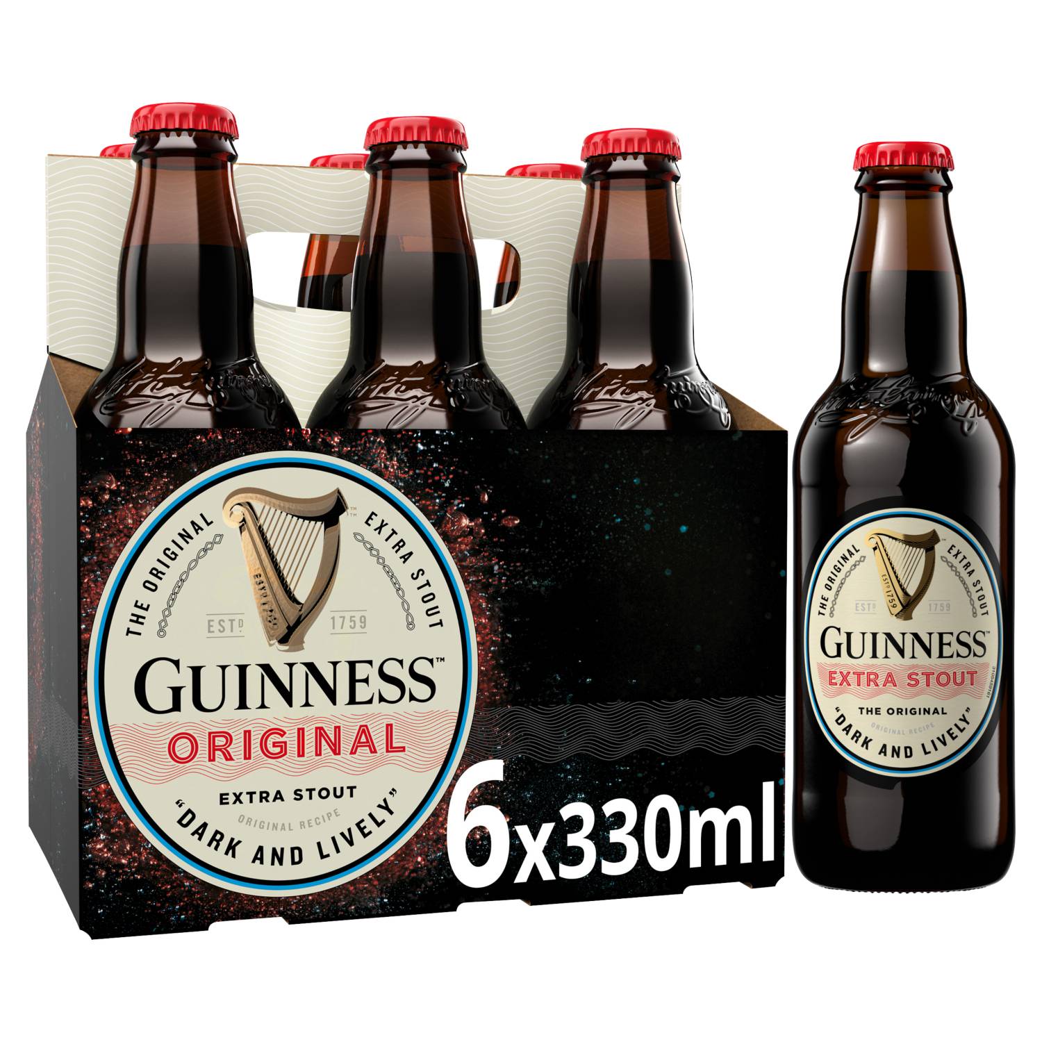 Guinness Extra Stout 6 x 330ml, imported from the UK