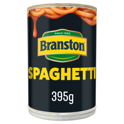 Branston spaghetti in tomato sauce canned 395g, imported from the UK