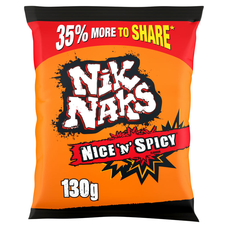 Nik Naks Nice 'N' Spicy corn snacks 130g, imported from the UK
