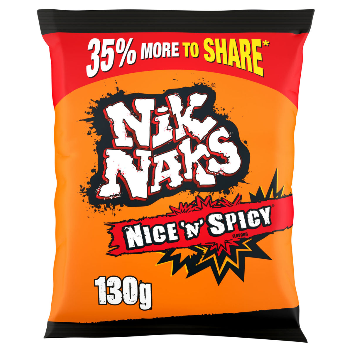 Nik Naks Nice 'N' Spicy corn snacks 130g, imported from the UK