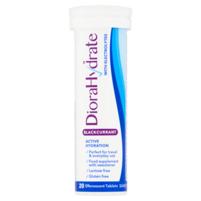 DioraHydrate blackcurrant effervescent tablets 20 pack, imported from the UK