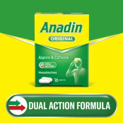 Anadin Original aspirin caffeine tablets 16 pack, imported from the UK