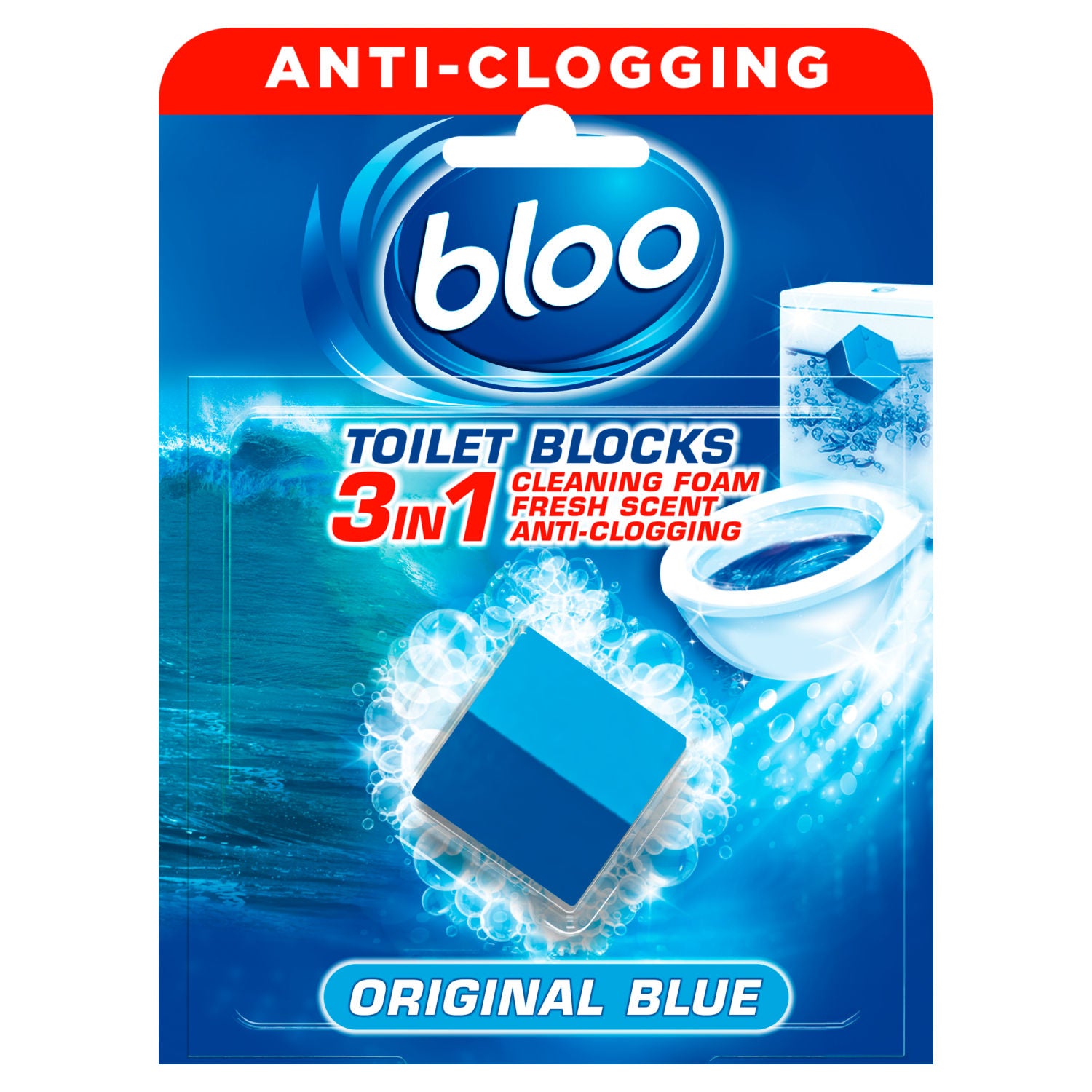 Bloo 3in1 anti-clogging toilet block 50g original blue scent - British product