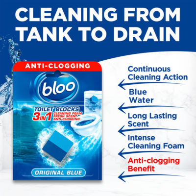 Bloo 3in1 anti-clogging toilet block 50g original blue scent - British product