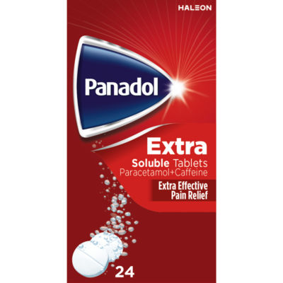Panadol Extra Soluble paracetamol tablets 500mg 24s, imported from the UK