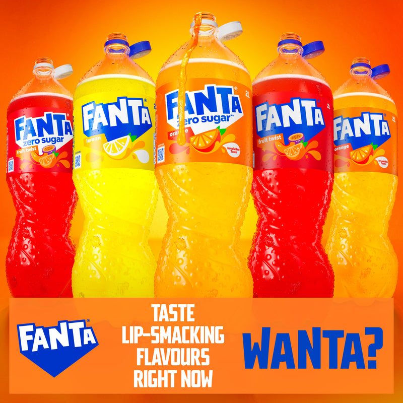 Fanta Orange Zero sparkling soft drink 2 litre bottle, UK version
