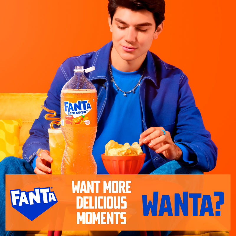 Fanta Orange Zero sparkling soft drink 2 litre bottle, UK version
