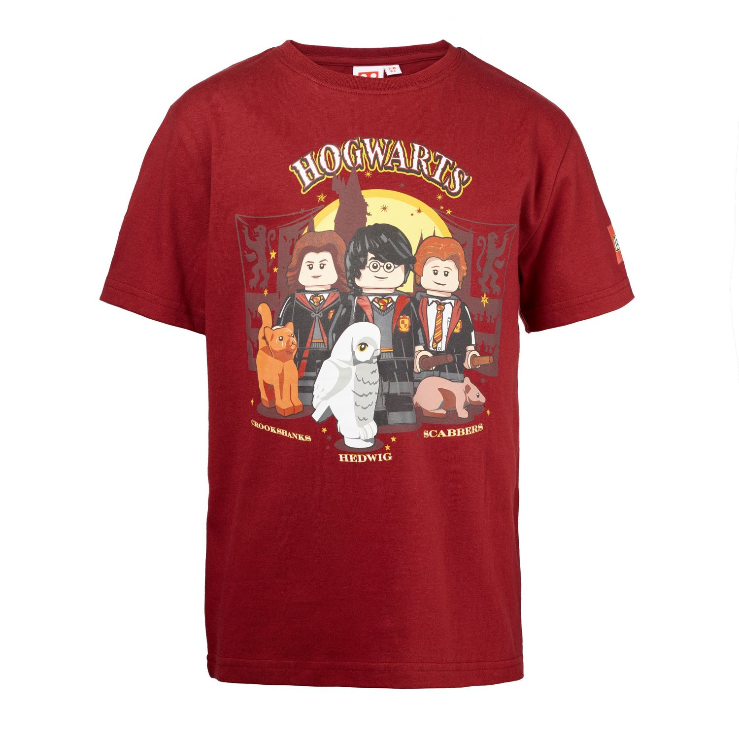 LEGO Harry Potter Burgundy Red T-Shirt featuring iconic characters, UK version