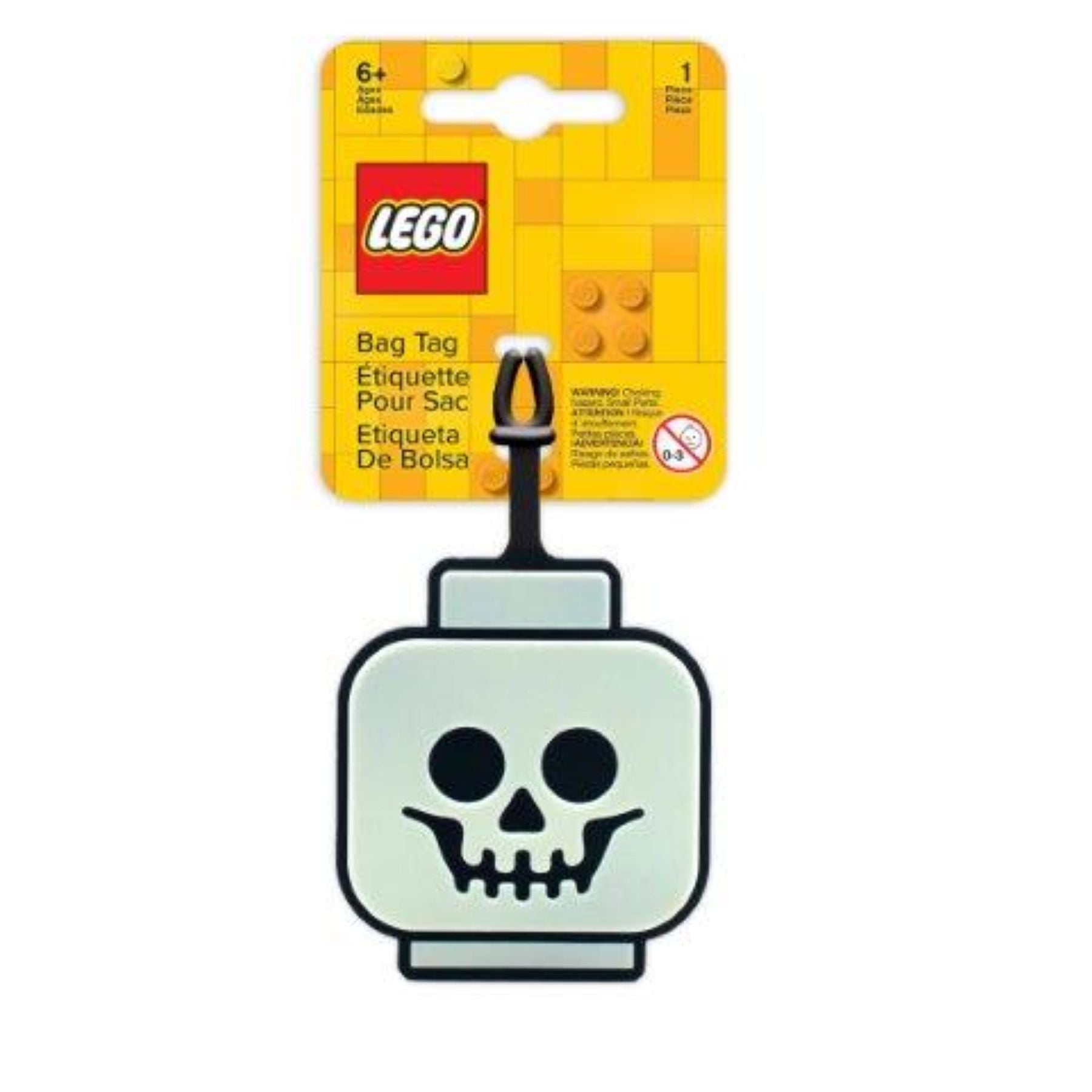 LEGO glow-in-the-dark skeleton bag tag, UK version