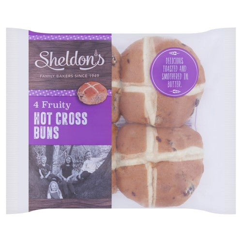 G H SHELDON fruited white hot cross buns 4 pack (British brand)