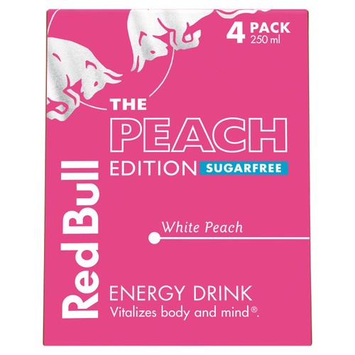Red Bull Sugar Free Peach energy drink 4x250ml, imported from the UK