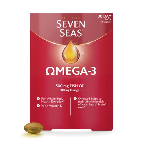 Seven Seas Omega-3 fish oil with vitamin D capsules 30 count (British brand)
