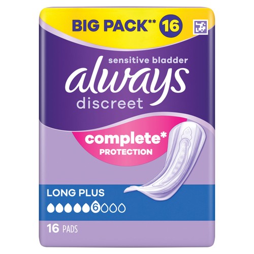 Always incontinence pads long plus 16 per pack - British product