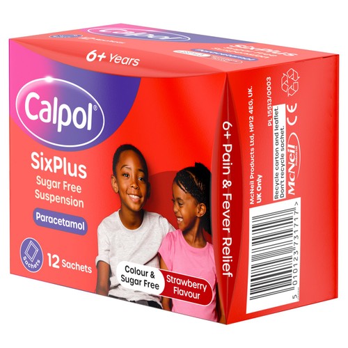Calpol children's pain relief suspension strawberry 12 x 5ml sachets - British product