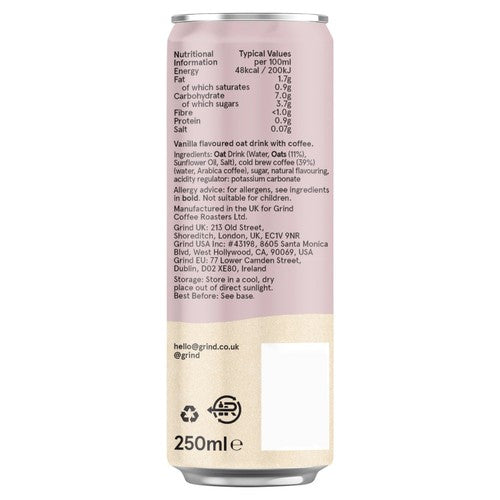 Grind iced oat vanilla latte canned coffee drink 250ml - British product
