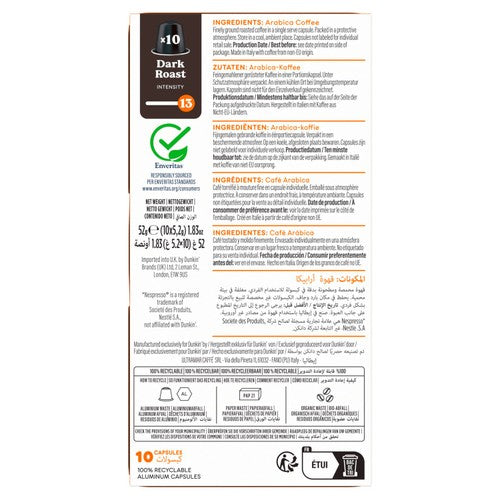Dunkin Dark Roast Nespresso compatible coffee pods, imported from the UK