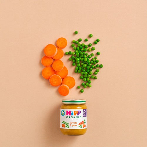 HiPP Organic carrots and peas baby food 125g, UK version