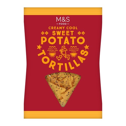 M&S cool sweet potato tortilla chips 150g, imported from the UK