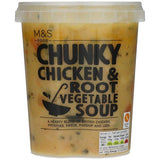 M&S chunky chicken and root vegetable soup 600g pot, imported from the UK