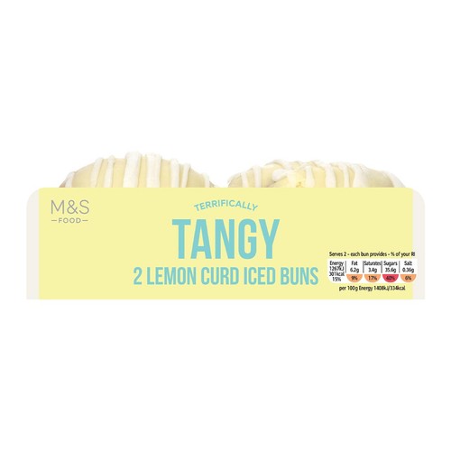 M&S lemon curd iced buns 2 per pack, imported from the UK