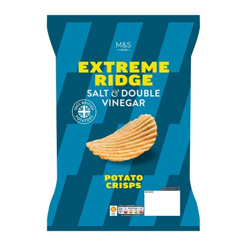 M&S Salt & Double Vinegar Extreme Ridge Cut Crisps 150g, imported from the UK