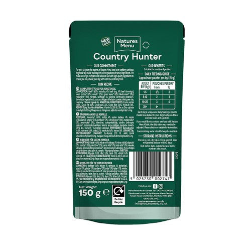 Natures Menu Country Hunter Beef wet dog food 6 x 150g pouches, imported from the UK