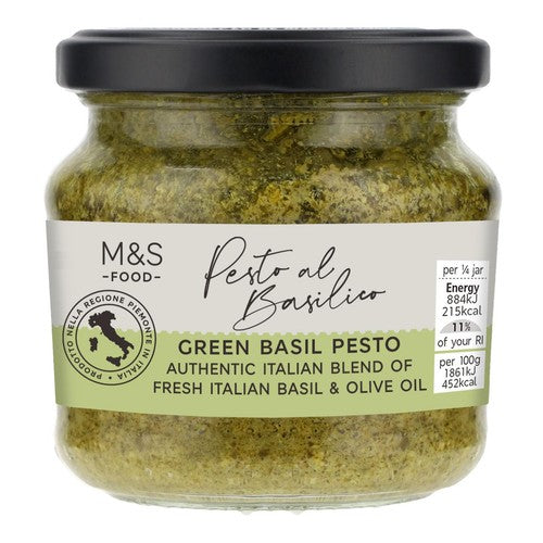 M&S green pesto with Italian basil and olive oil, imported from the UK