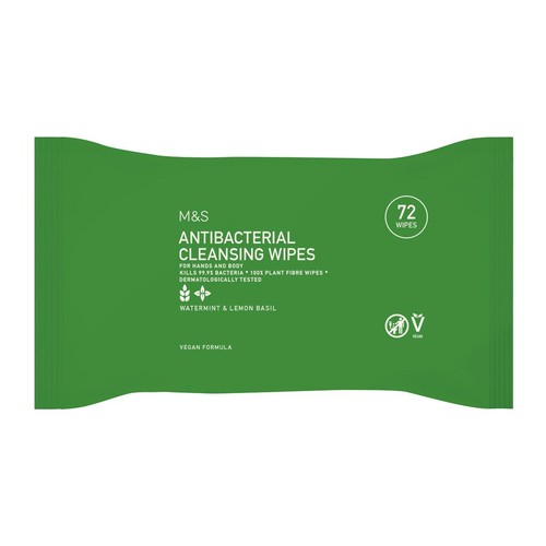 M&S antibacterial cleansing wipes watermint & lemon basil 72 pack, imported from the UK