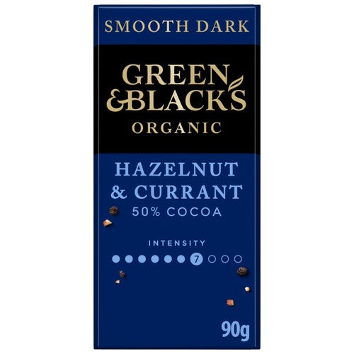Green & Black's dark chocolate bar with hazelnuts and currants - British product