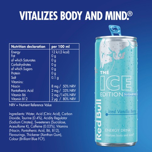 Red Bull Sugar Free Ice Edition Iced Vanilla Berry energy drink 4x250ml, imported from the UK