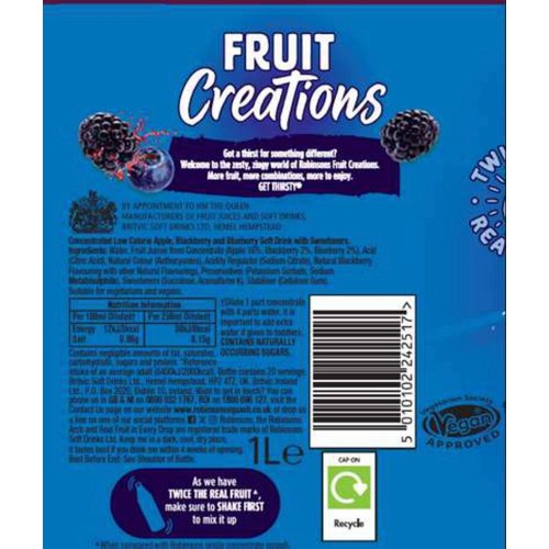 Robinsons blackberry and blueberry squash 1L, imported from the UK