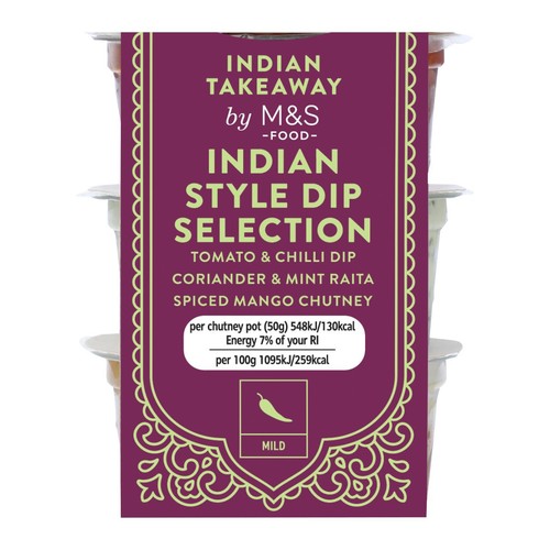 M&S Indian dip selection with tomato chilli, coriander mint, and mango chutney 3 x 50g, imported from the UK