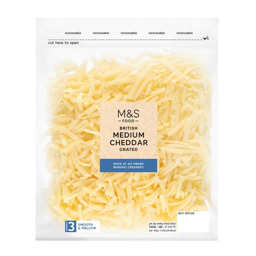 M&S medium grated cheddar cheese 250g, imported from the UK