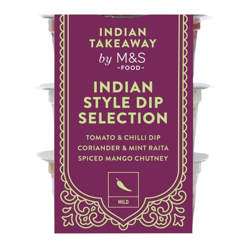 M&S Indian dip selection with tomato chilli, coriander mint, and mango chutney 3 x 50g, imported from the UK