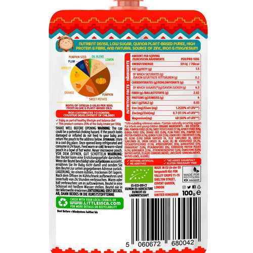 Little Inca Quinoa Happy Orange baby food pouch 100g, UK version