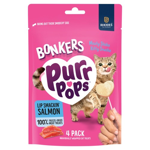 Bonkers Purrpops salmon flavoured cat treats lollipops pack of 4, imported from the UK