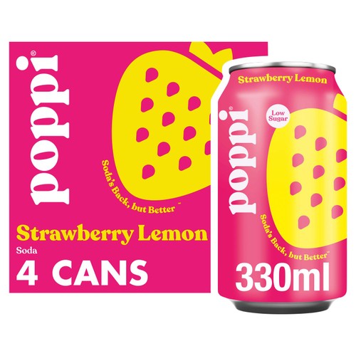 Poppi strawberry lemon soda 330ml cans, UK version
