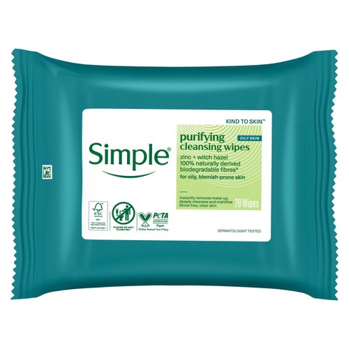 Simple facial cleansing wipes matte finish 20 pack (British brand)