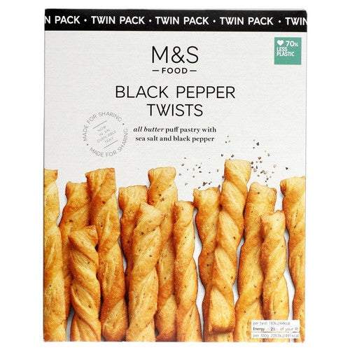 M&S Black Pepper Puff Pastry Twists 250g, imported from the UK