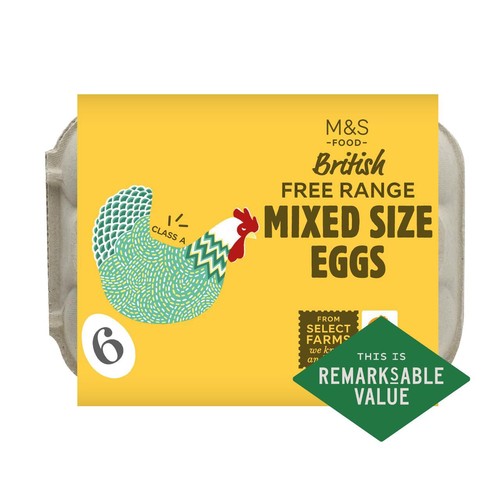 M&S free range mixed size eggs 6 pack, imported from the UK