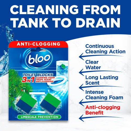 Bloo toilet cleaner block anti-clog pine scent 2x50g - British product