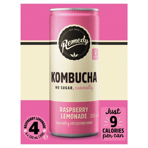 Remedy Kombucha Raspberry Lemonade 4 x 330ml, imported from the UK