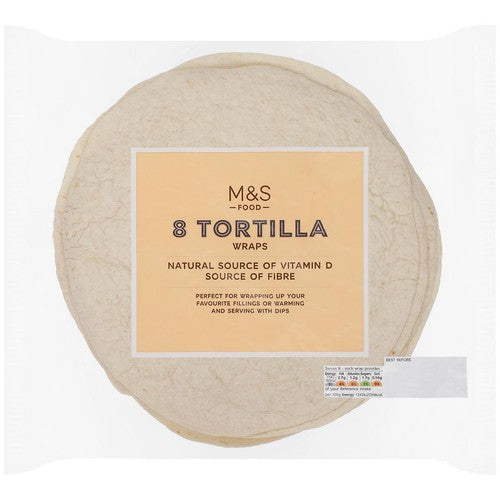 M&S plain wheat soft tortilla wraps 8 x 62g, imported from the UK