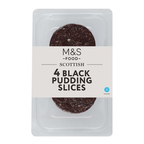 M&S Black Pudding Slices 4 pack 227g, imported from the UK