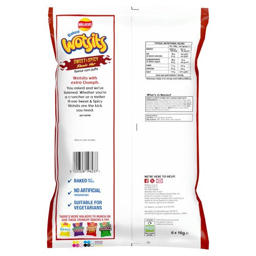 Wotsits Sweet & Spicy Flamin' Hot corn puff snacks 6x16g (British brand)