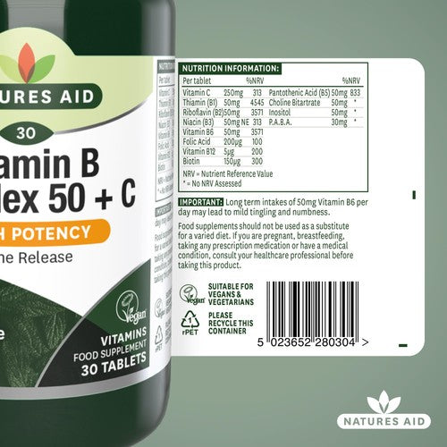 Natures Aid B Complex 50 Plus C tablets, imported from the UK