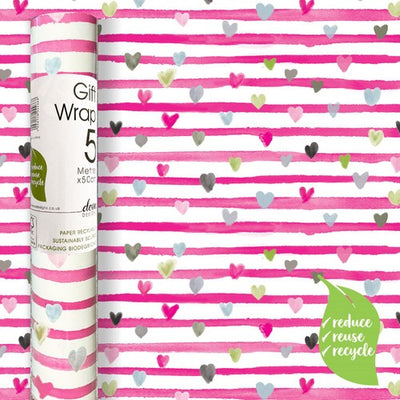 Pink Ribbon Hearts Patterned Gift Wrap Roll No Cardboard Core