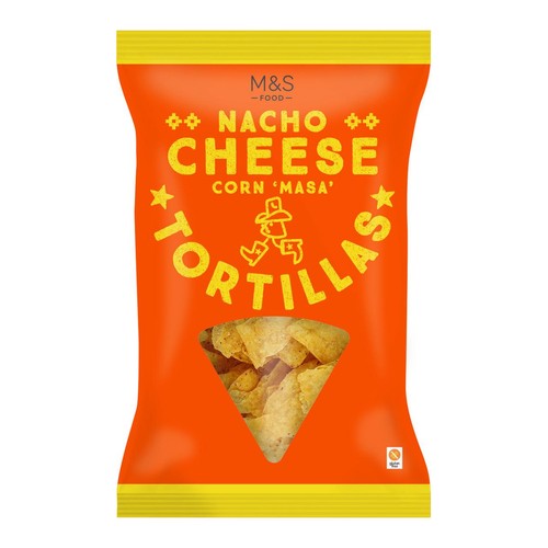 M&S nacho cheese tortilla chips 200g, imported from the UK